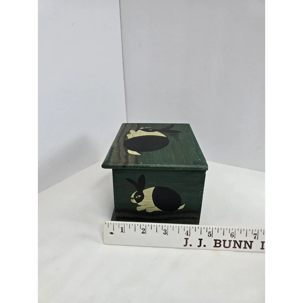 Vintage Hand Painted Wood Rabbit Box Folk Art Bunny Hinged Trinket Storage Decor